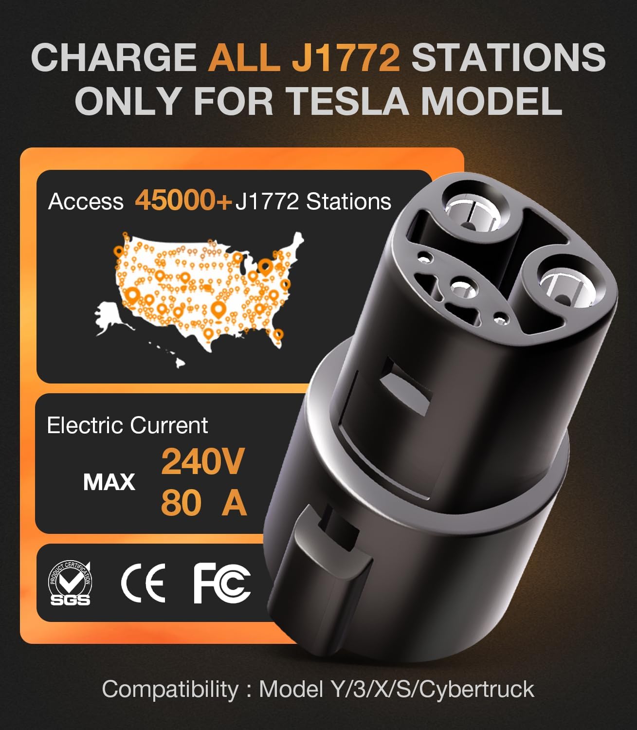 Wigoo J1772 to Charge Adapter for Tesla Model 3, Y, S, X, and Cybertruck